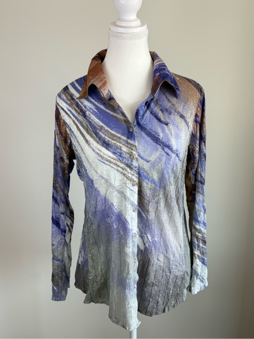 David Cline Abstract Purple Brown Button Front Shirt Women’s Large - Picture 2 of 6